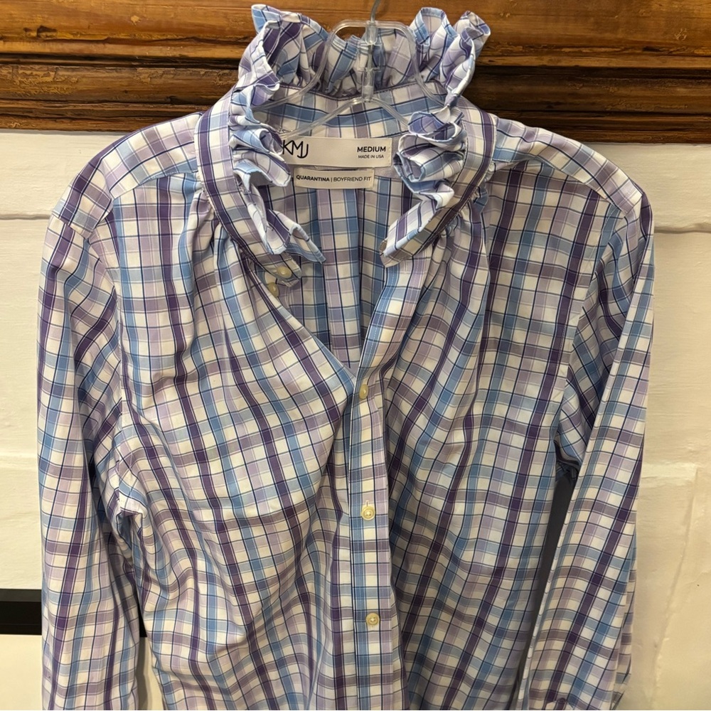KMJ Quarantina Boyfriend Fit Plaid Ruffle Collar Shirt Medium Made in USA